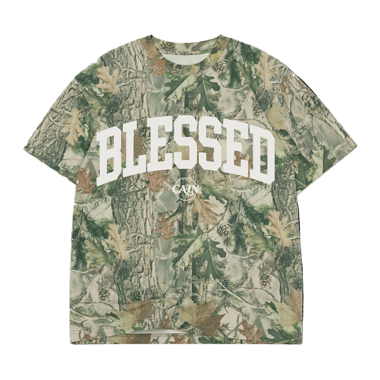 Camouflage t-shirt with 'BLESSED' text on a white background