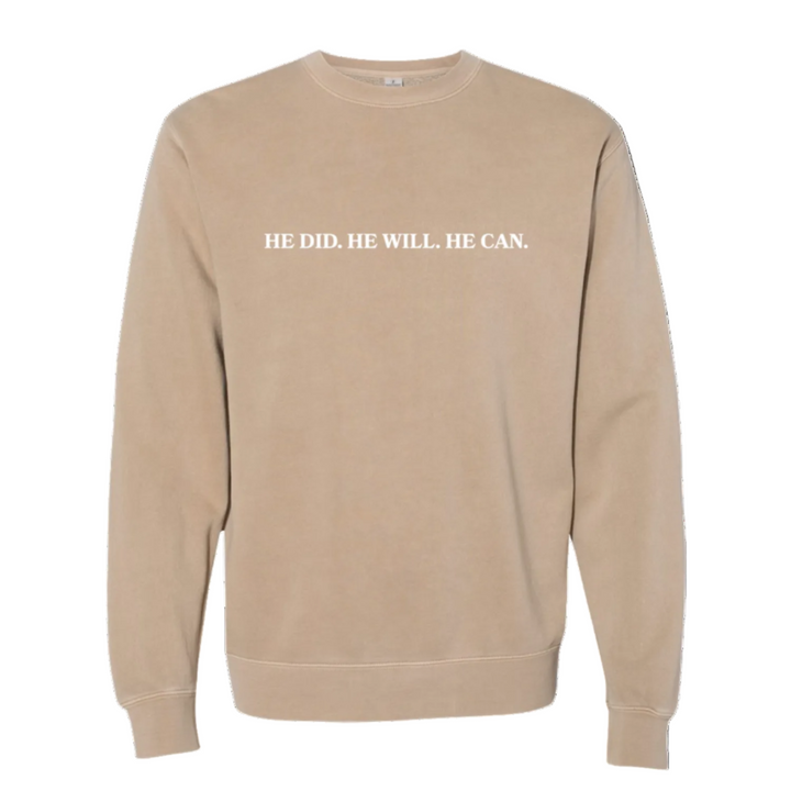 A beige crewneck sweatshirt with the text &