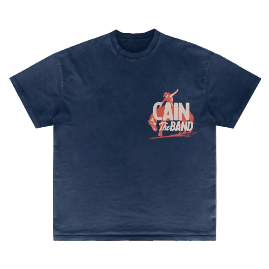 Navy blue t-shirt with 'Cain the Band' graphic design on a white background