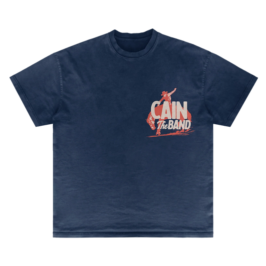 Navy blue t-shirt with 'Cain the Band' graphic design on a white background