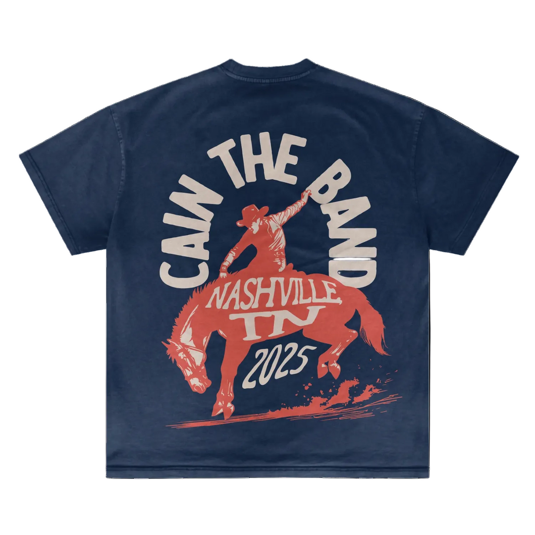 Navy blue t-shirt with a graphic of a person on a horse and text &