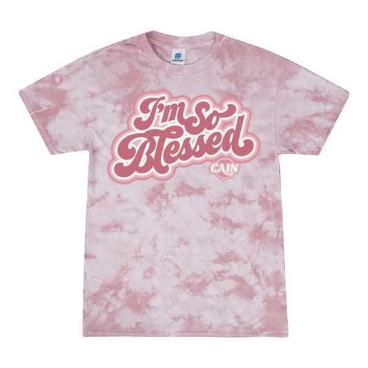 Cain Pink and white tie-dye t-shirt with 'I'm So Blessed' text on a white background
