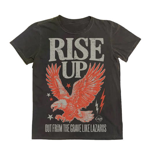 Black t-shirt with red eagle graphic and text on a white background