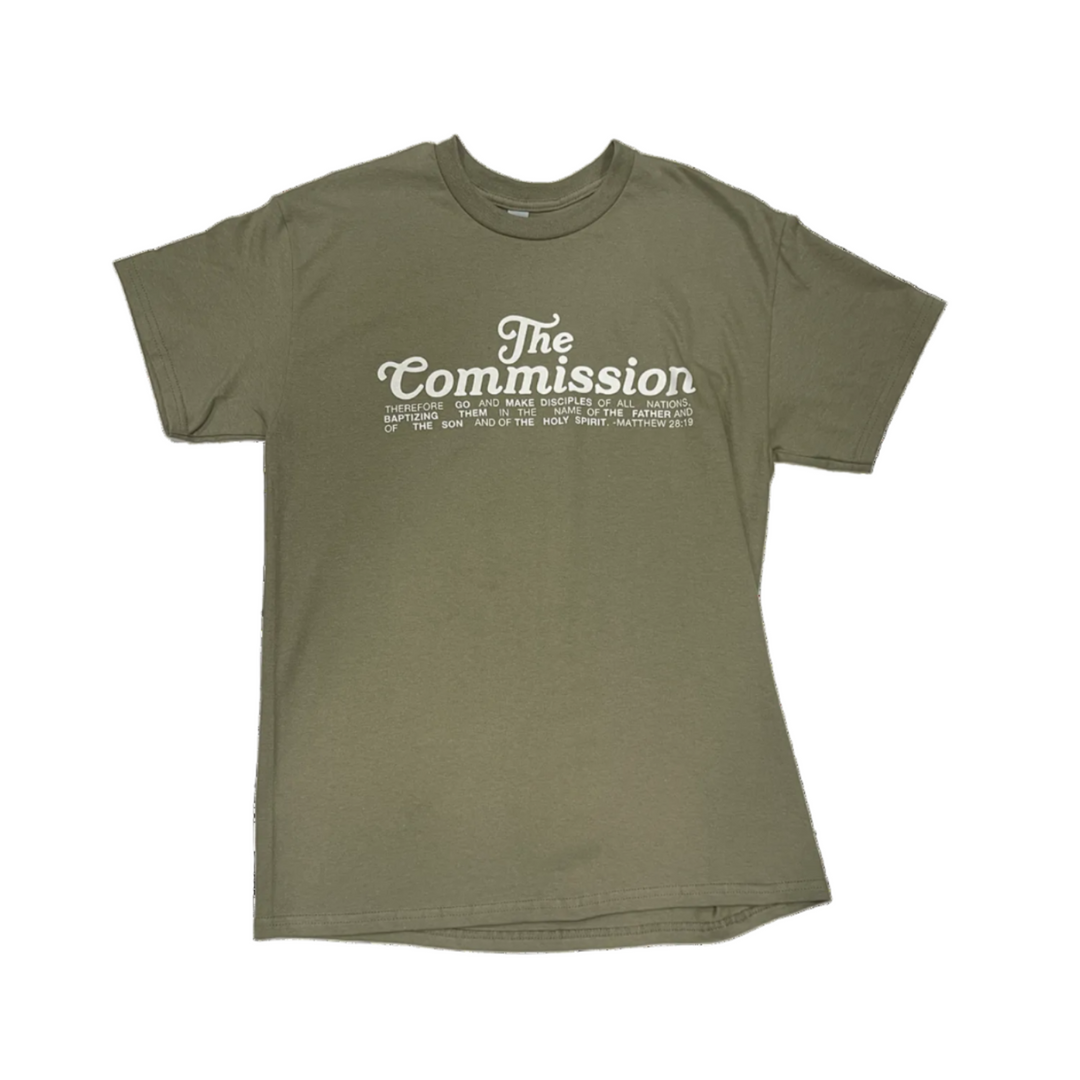 Green t-shirt with 'The Commission' text on a white background