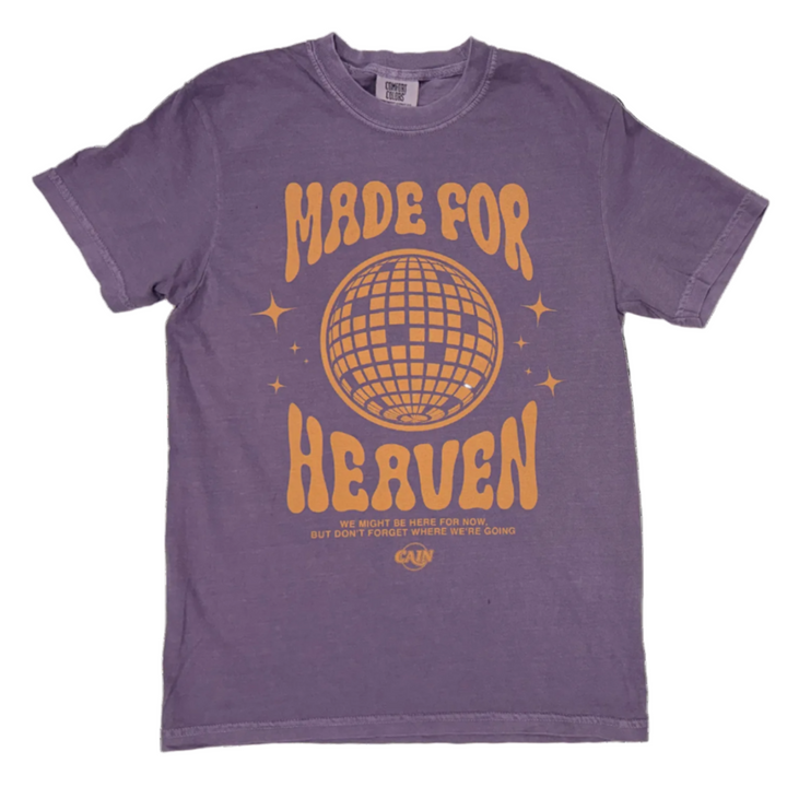 Purple t-shirt with orange disco ball graphic and text 