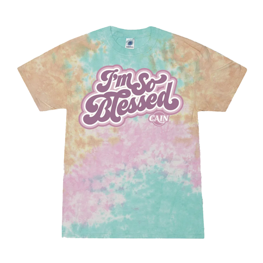 Tie-dye t-shirt with 'I'm So Blessed' text on a white background